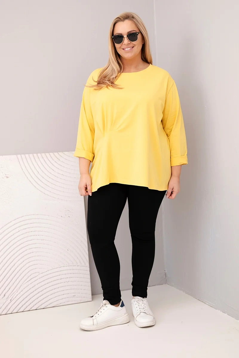 Kesi Włoski Dámska blúzka plus size s bavlnou a dlhým rukávom a nariasením žltá