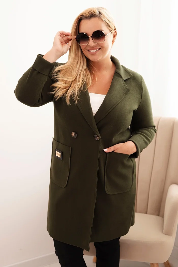 Kesi Włoski Elegant Plus Size women's coat with a collar and large pockets khaki