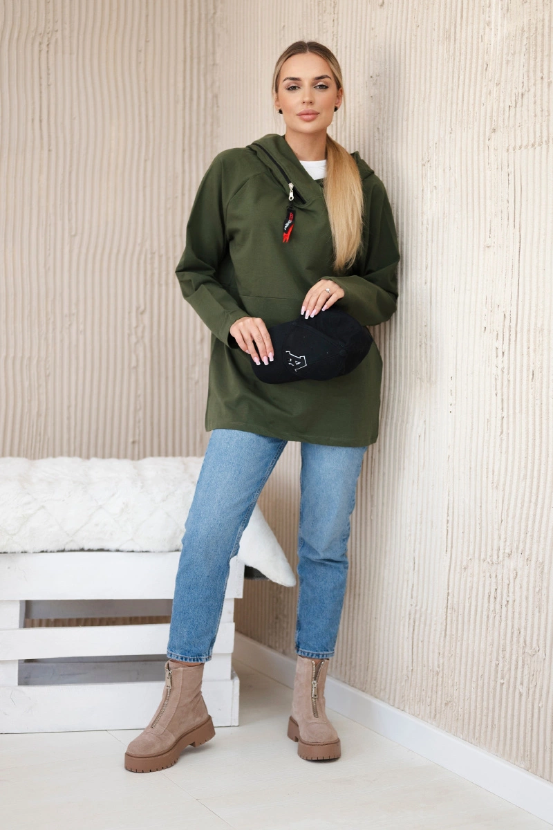 Tunic with zipper on hood Oversize khaki