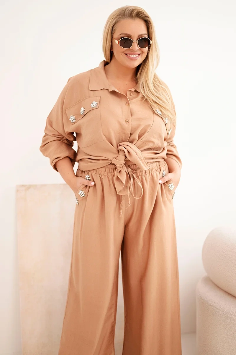 Dámsky plus size set s košeľou a širokými nohavicami