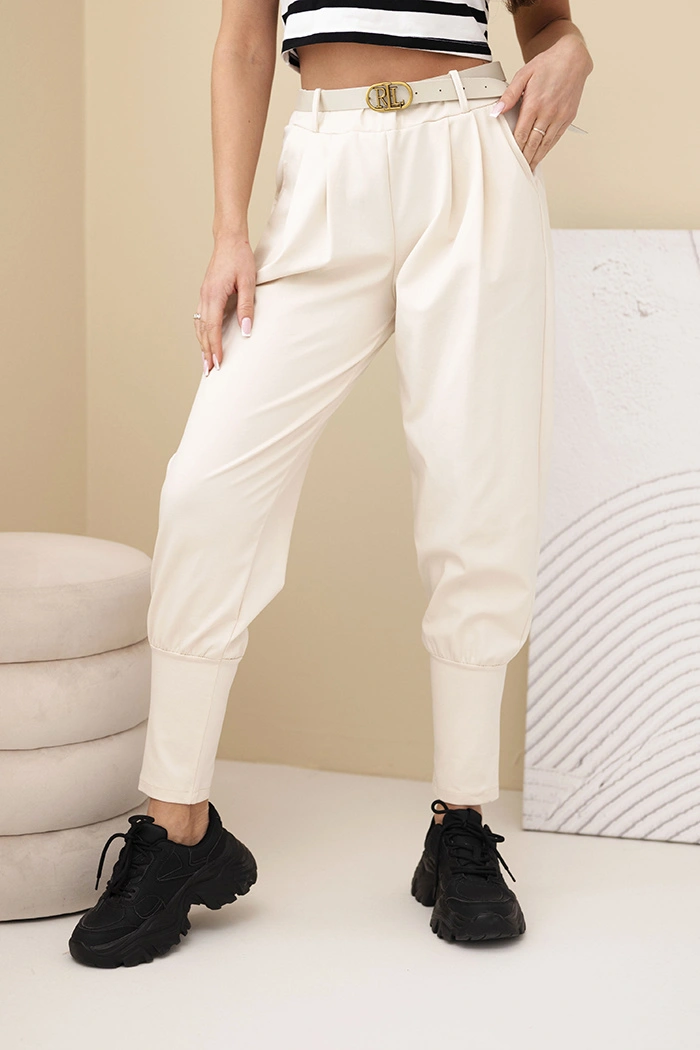 Kesi Włoski Women's cotton high-waisted pants with a belt beige