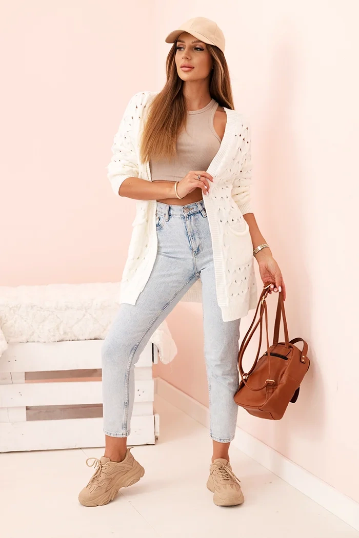 Kesi Włoski Ladies' openwork cardigan with pockets ecru