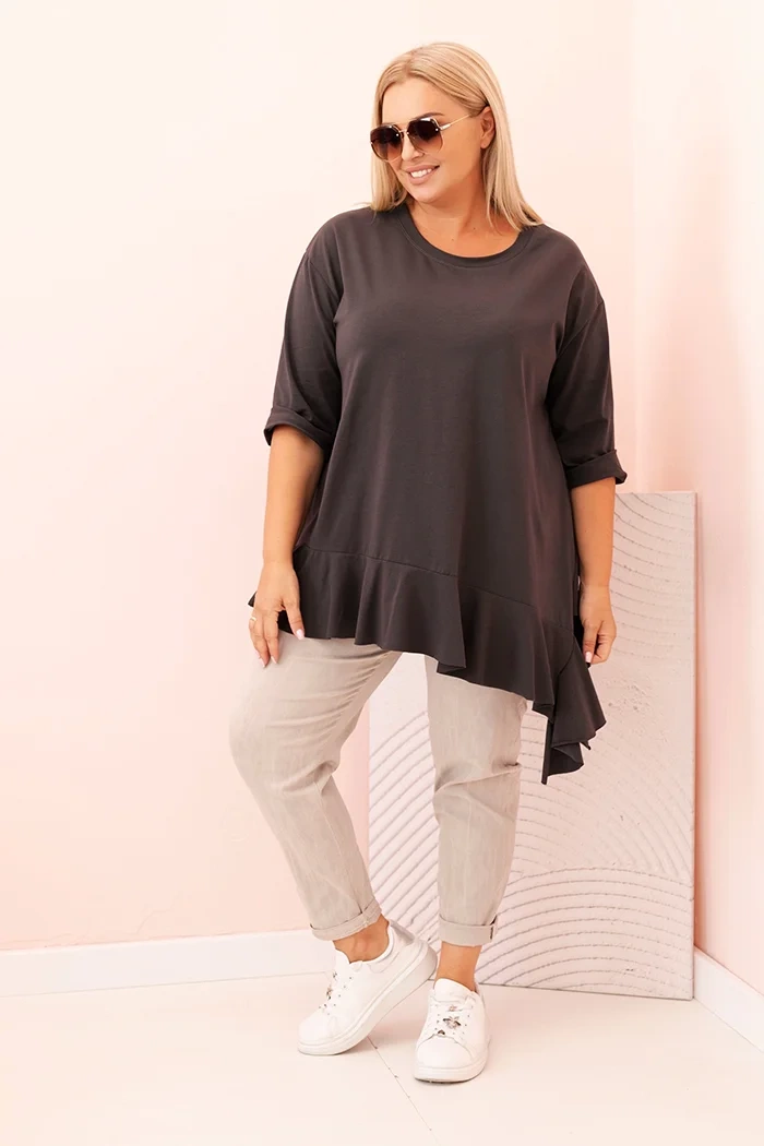 Kesi Włoski Women&#039;s Plus Size blouse with cotton, featuring a pocket and rolled sleeves kiwi