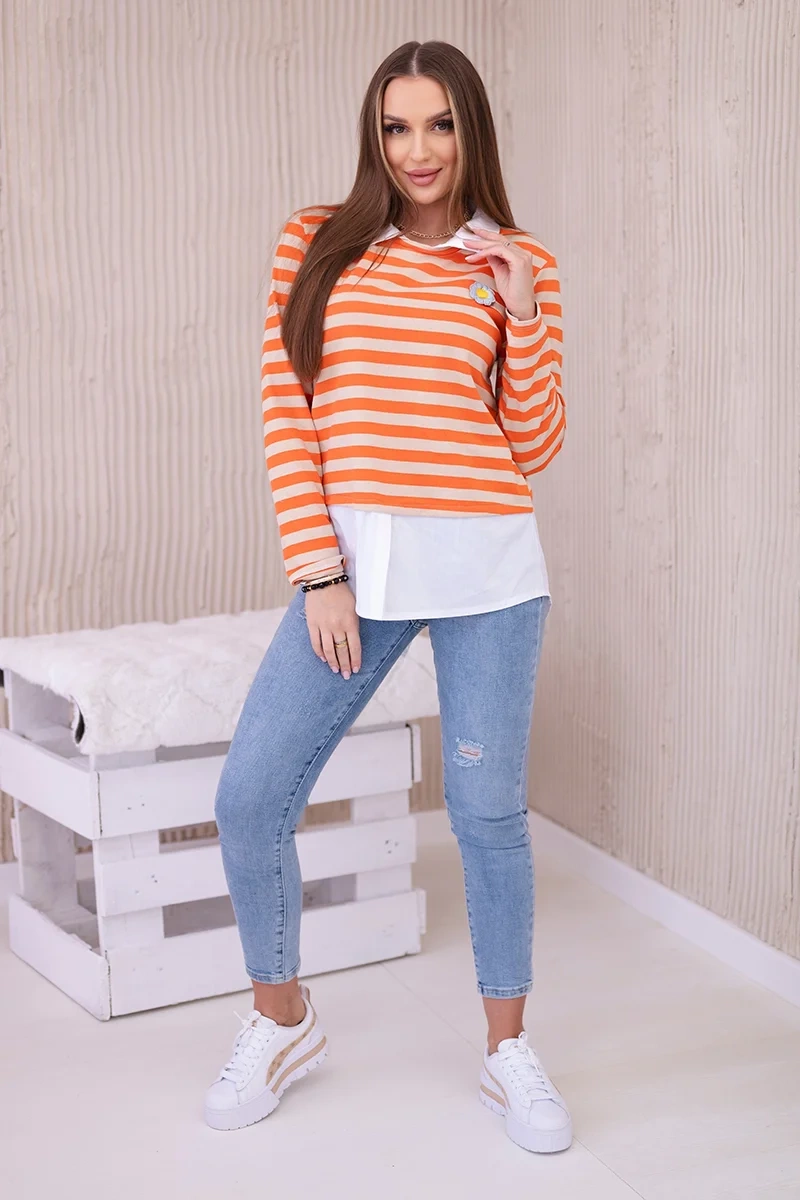 Striped cotton blouse with collar orange+beige