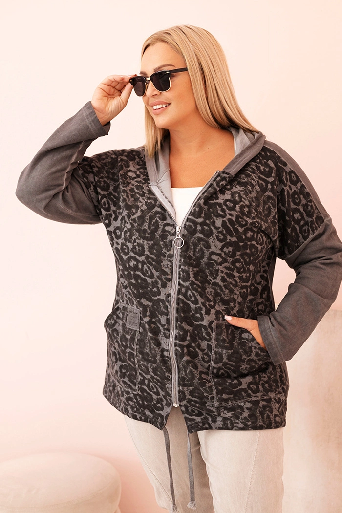 Kesi Włoski Plus Size women&#039;s zip-up hoodie with a hood, acid-washed, graphite