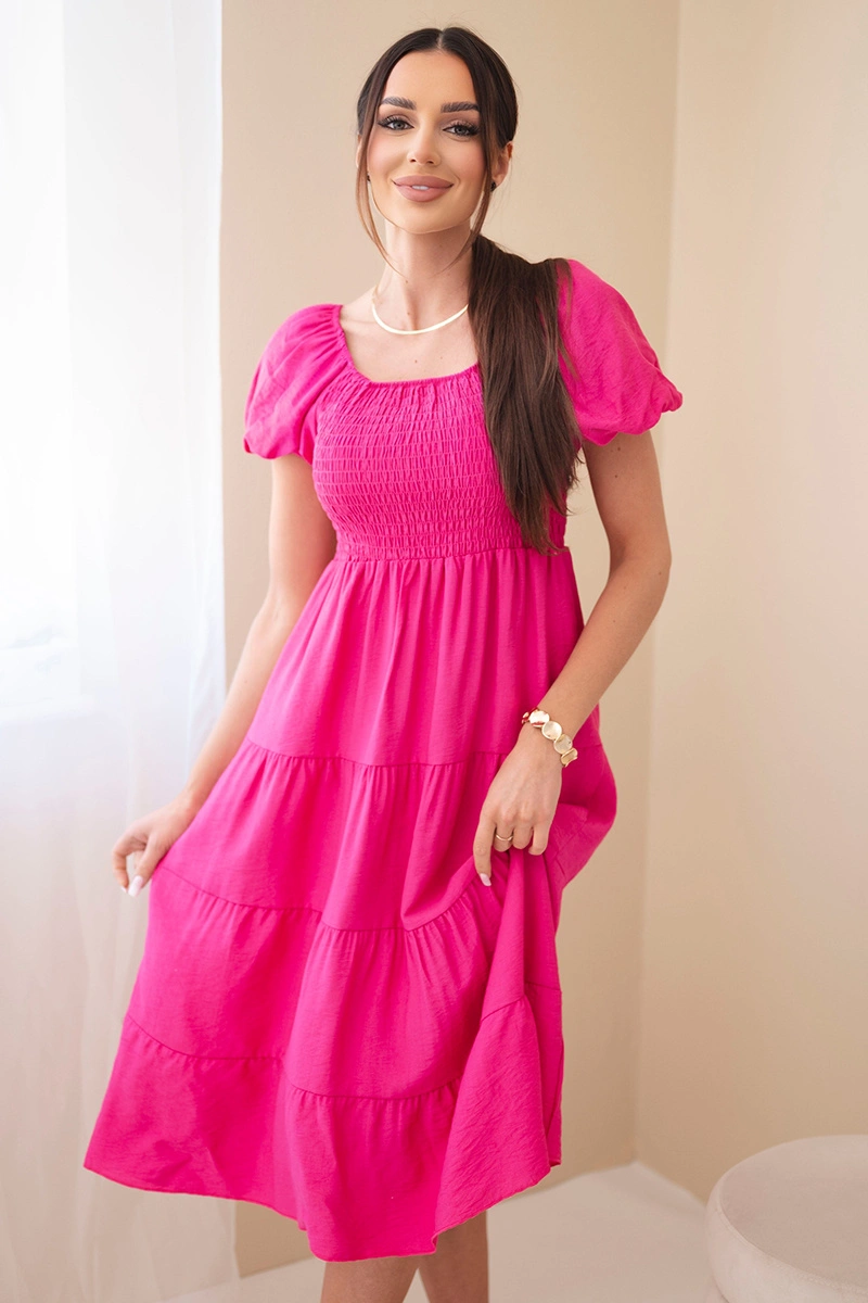 Дамска рокля в цвят каки с бухнали ръкави