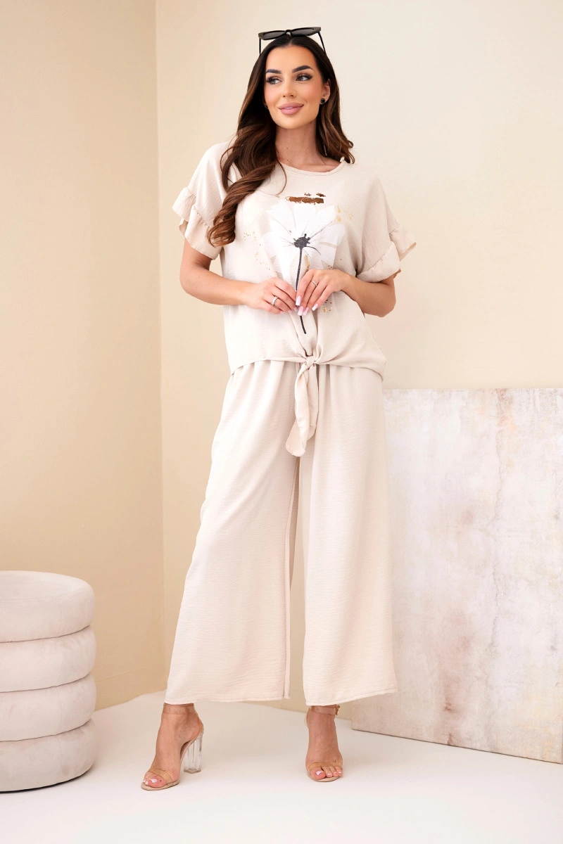 Дамски комплект от вискоза Kesi с щампована блуза и панталон, бежов