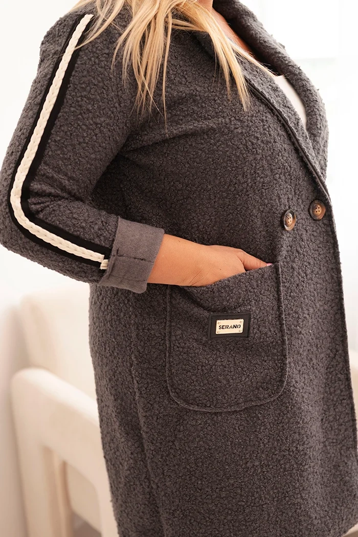 Kesi Włoski Plus Size women&#039;s coat made of faux shearling with pockets graphite