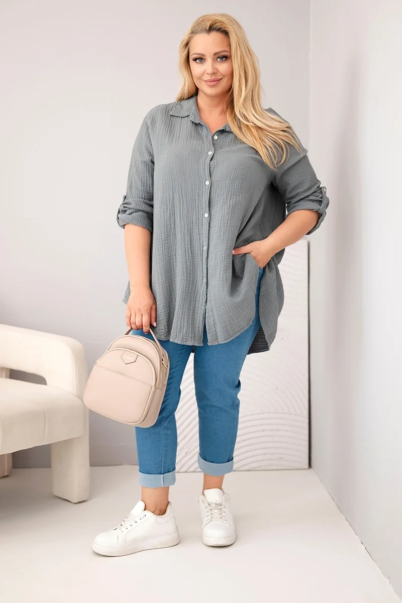 Kesi Włoski Bavlnená mušelínová košeľa Plus Size tmavosivá