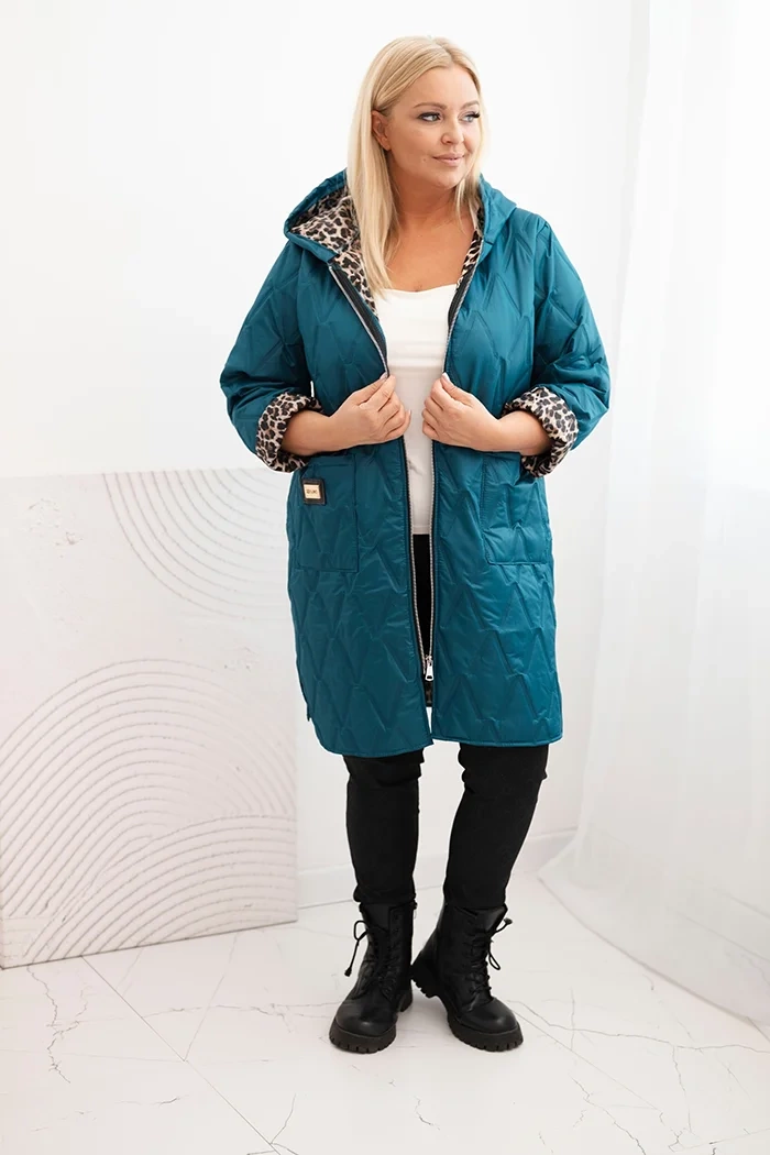 Kesi Włoski Plus Size women's quilted jacket with leopard lining and hood sea green