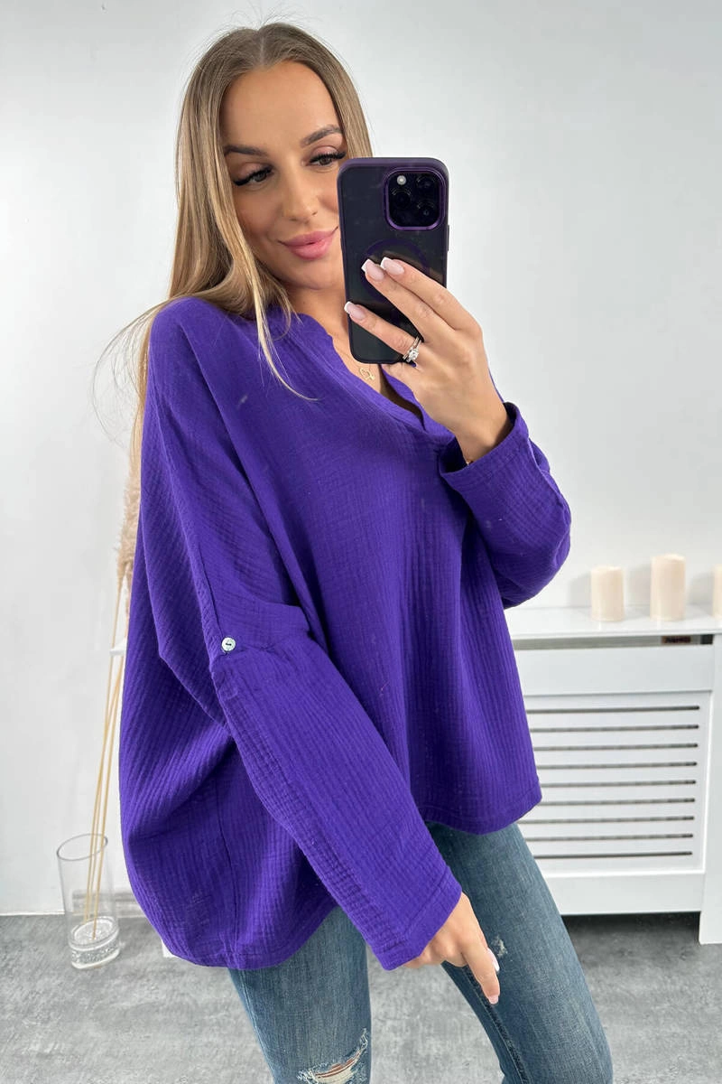 Cotton blouse with rolled up sleeves in dark purple color