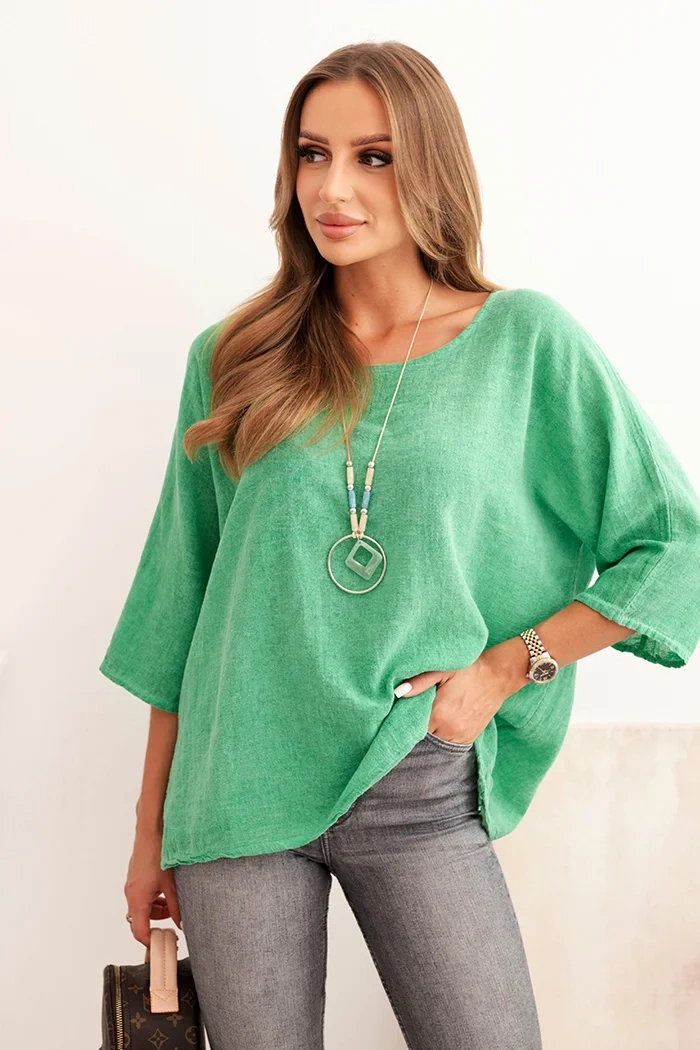 Kesi Włoski Women's linen-cotton blouse with short sleeves green