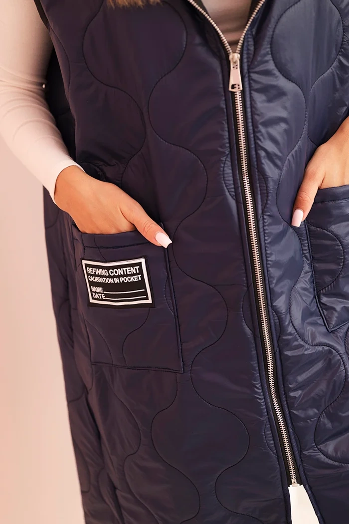 Kesi Włoski Women's quilted Plus Size vest with a hood zippered navy
