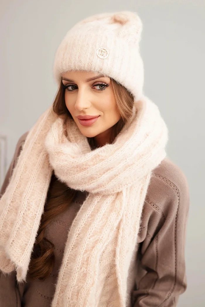 Kesi Women&#039;s set hat and scarf with ribbing and decoration light powder pink