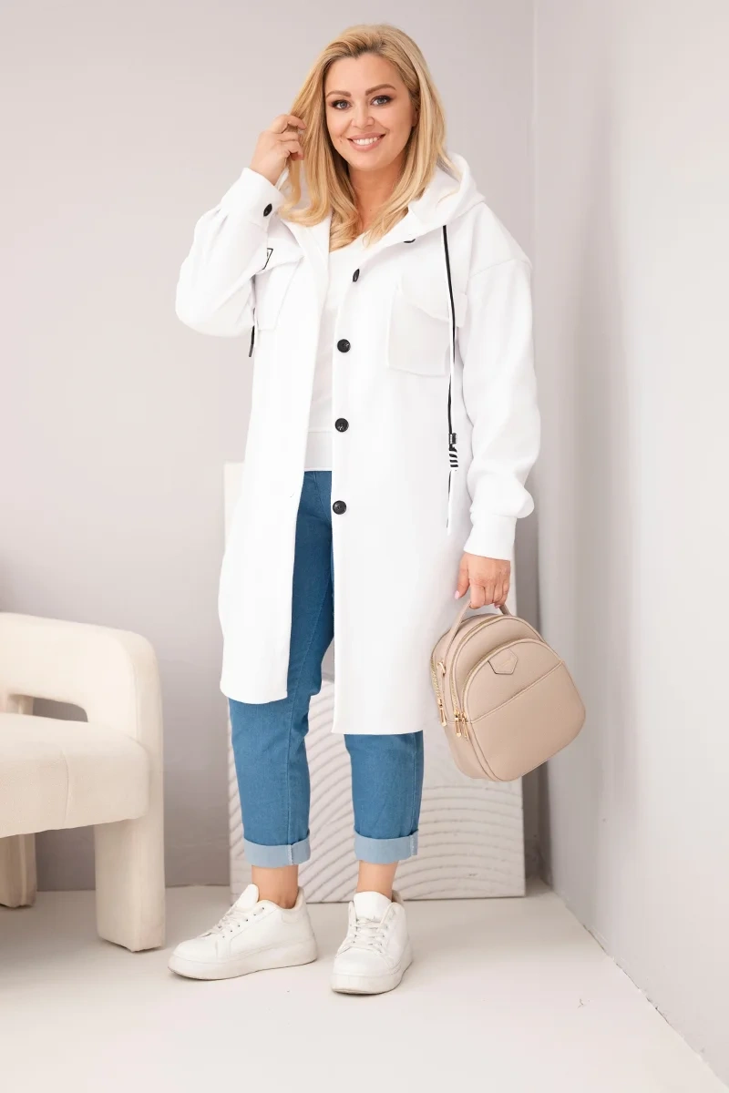 Dámsky plus size kabát s kapucňou, biely