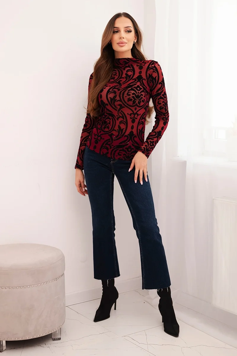 Kesi Włoski Women's blouse burgundy with velour pattern and collar burgundy