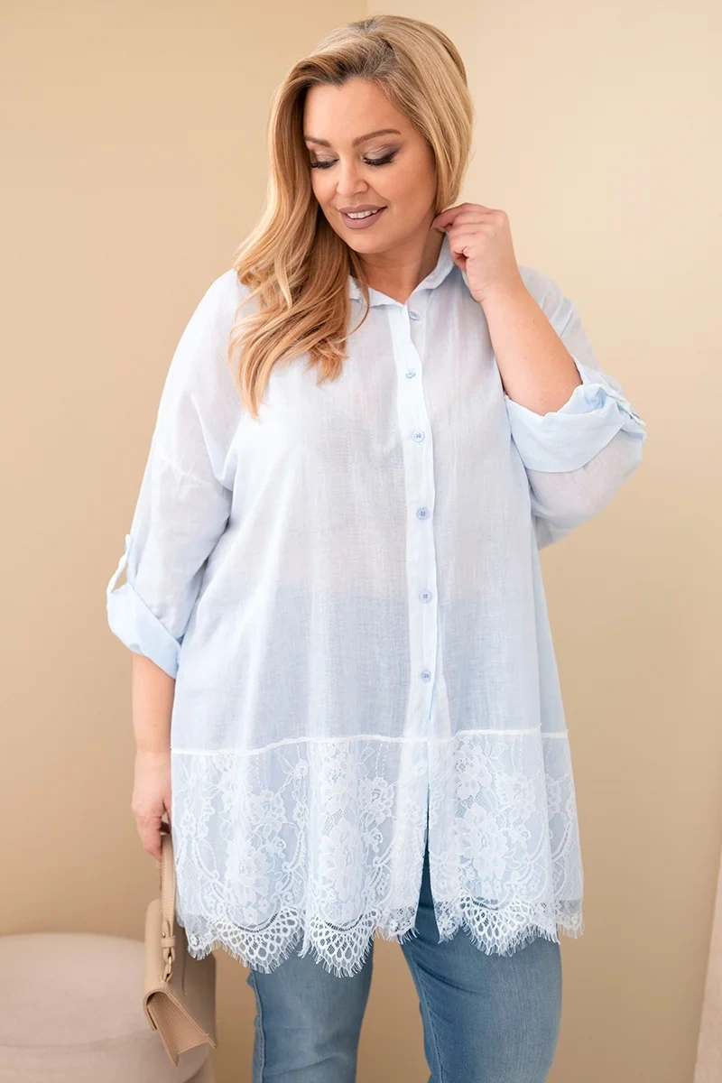 Kesi Włoski Plus Size women's shirt made of cotton with lace finish blue