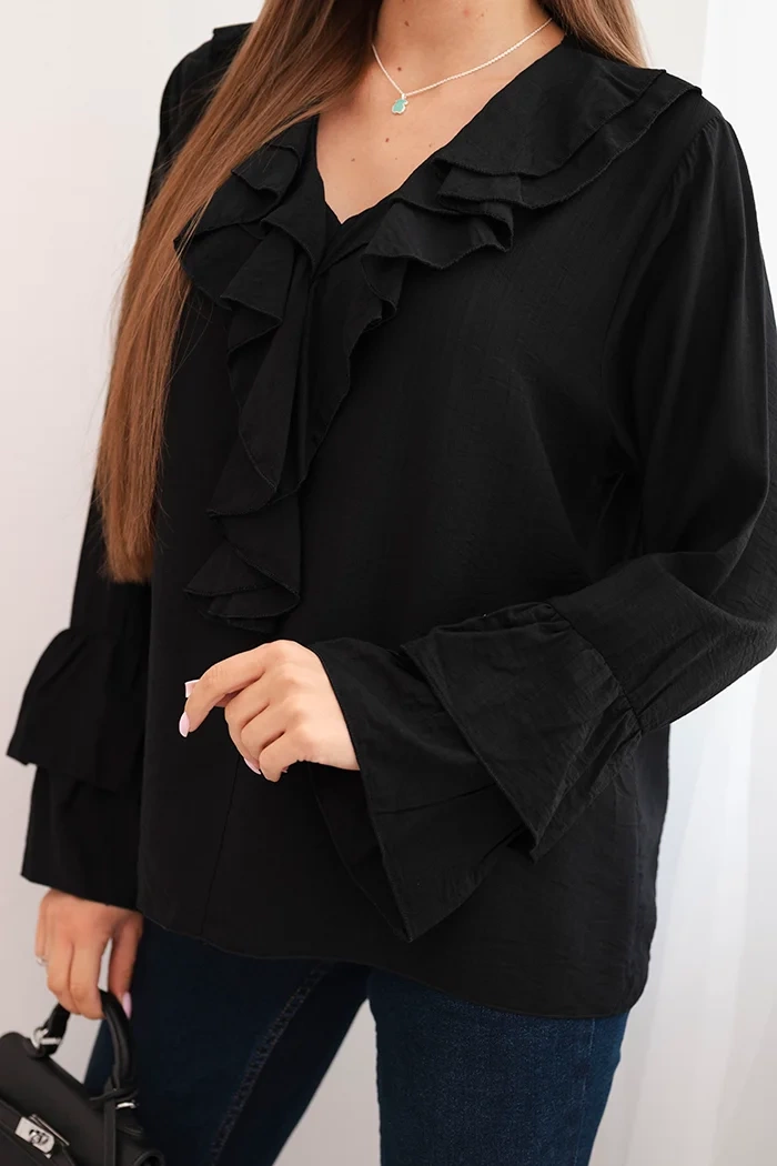 Kesi Włoski Women's viscose blouse with frills and long sleeves black