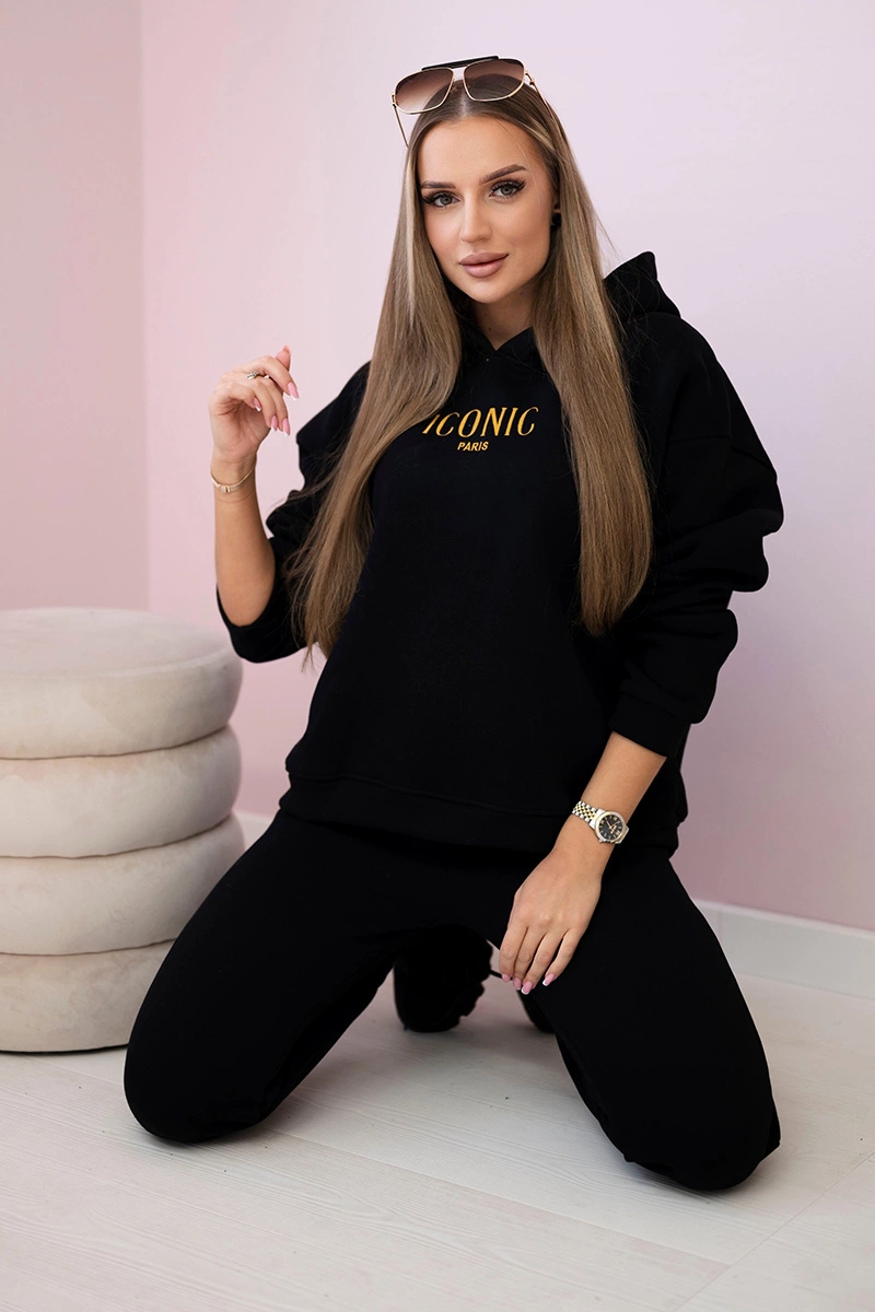 Zateplený bavlněný komplet, mikina s výšivkou + kalhoty černé