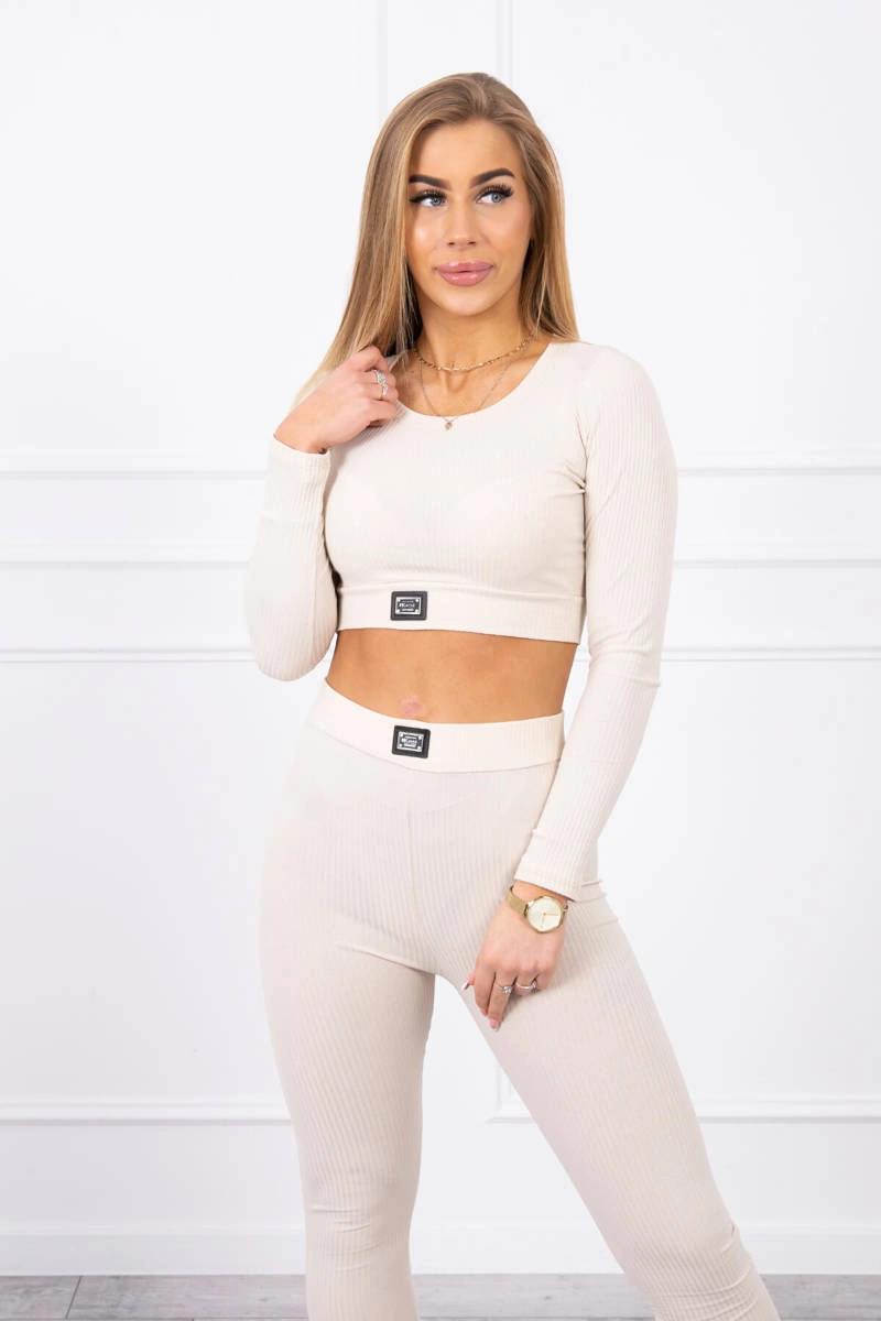 Striped top set with a blouse in light beige color