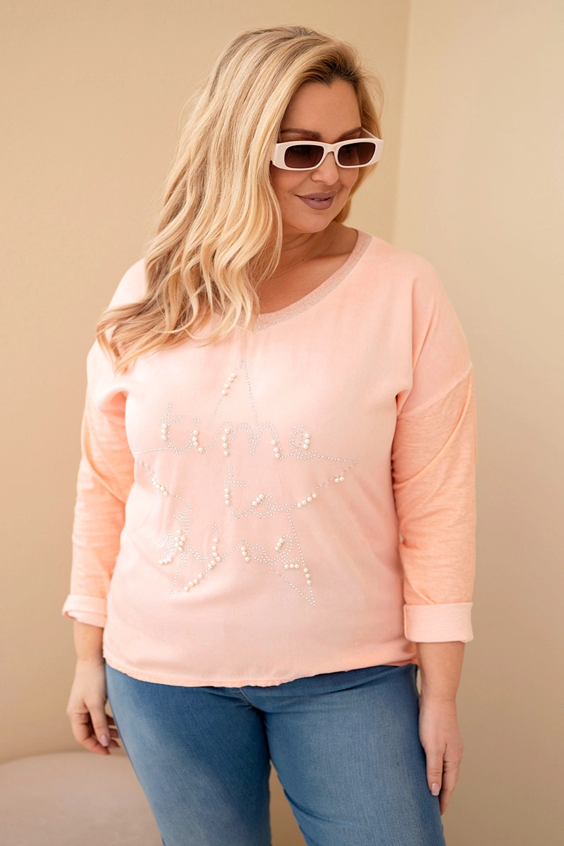 Блуза с големи размери с щампа и перли