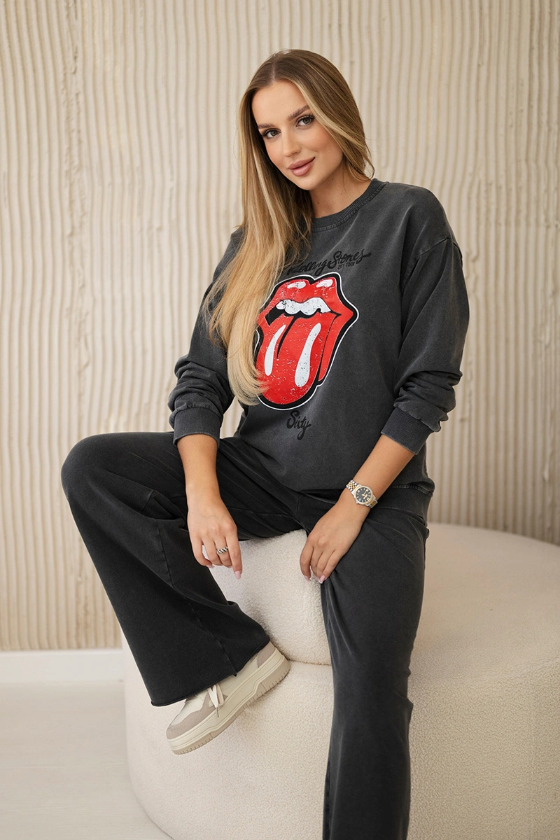 Włoski Cotton set wiped with print sweatshirt   pants Graphite