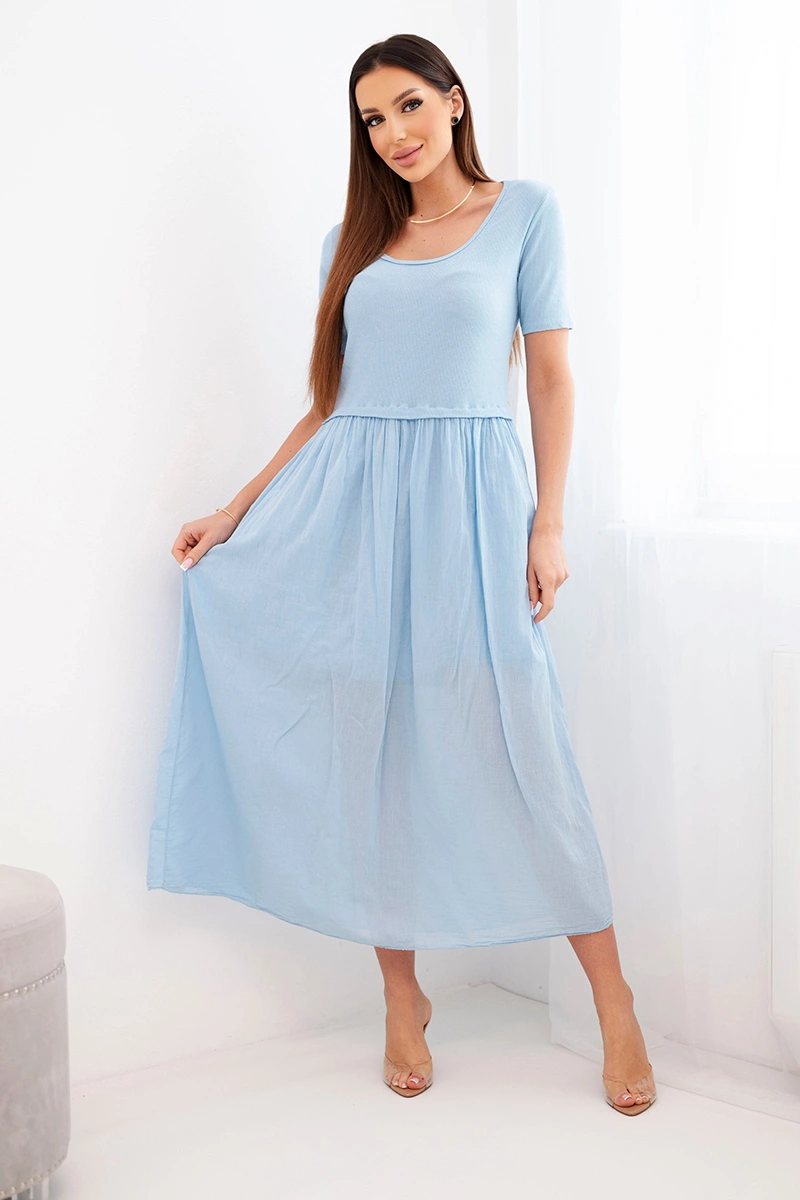 Синя миди рокля с къс ръкав