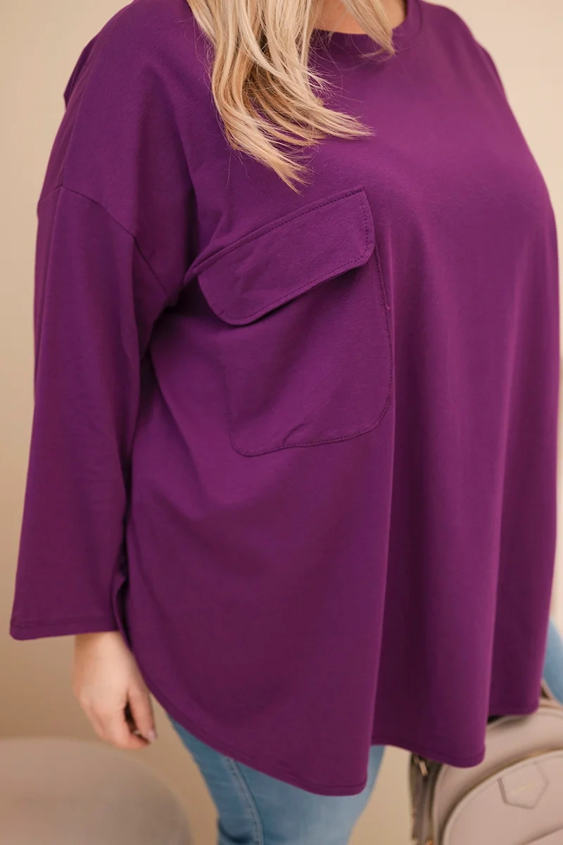 Kesi Włoski Dámska blúzka Plus Size s bavlnou, s vreckom a s rukávom srolovaným tmavo fialová