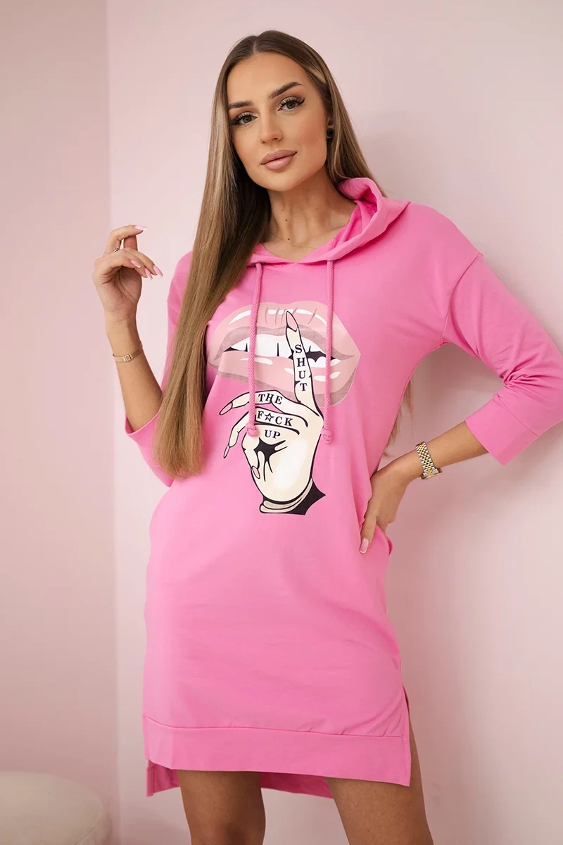 Dress with a longer back and a colorful print - light pink