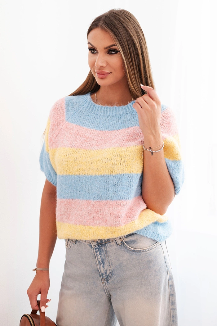 Kesi Włoski Women's striped short-sleeve sweater made of wool yellow + blue