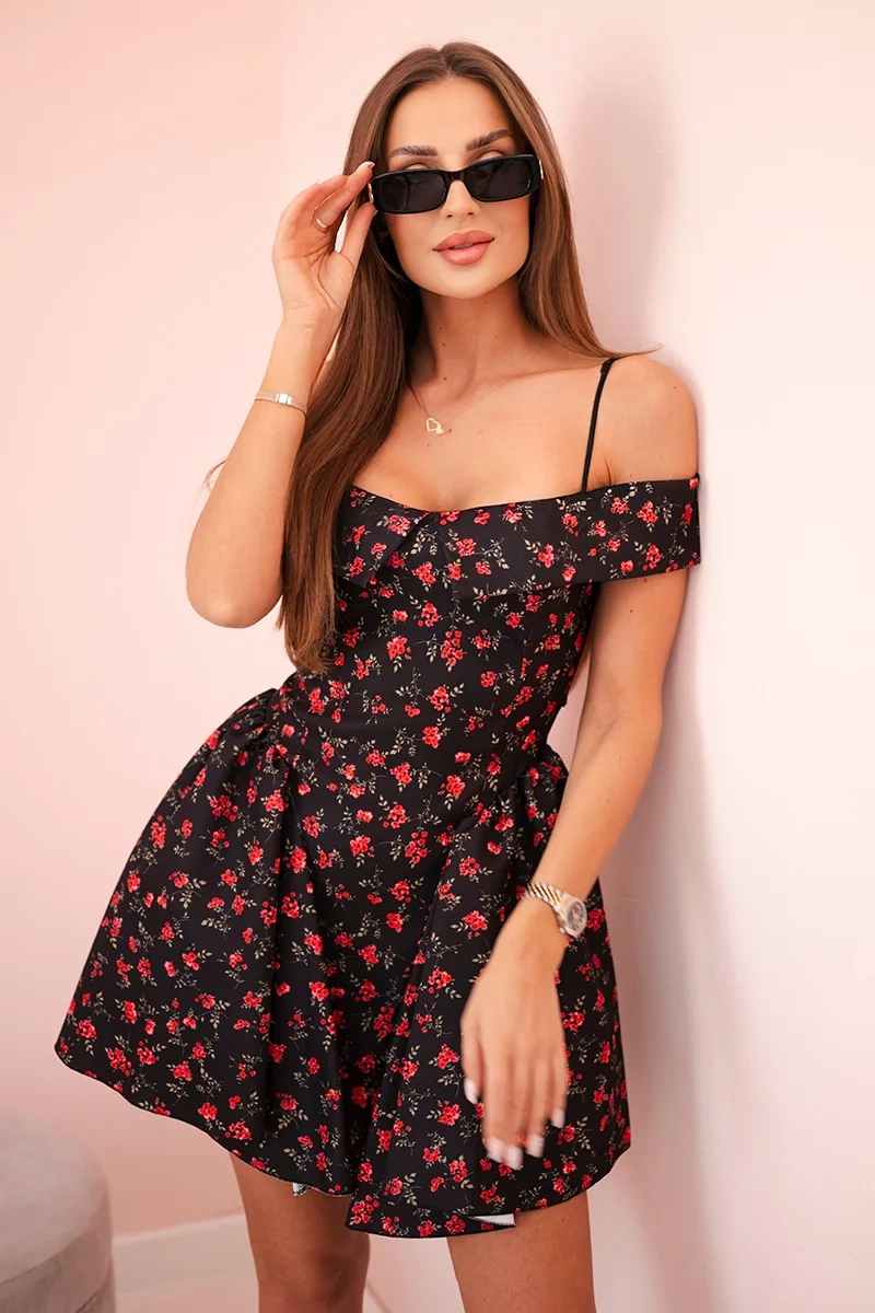 Kesi Włoski Womens floral flared dress with bare shoulders black+red