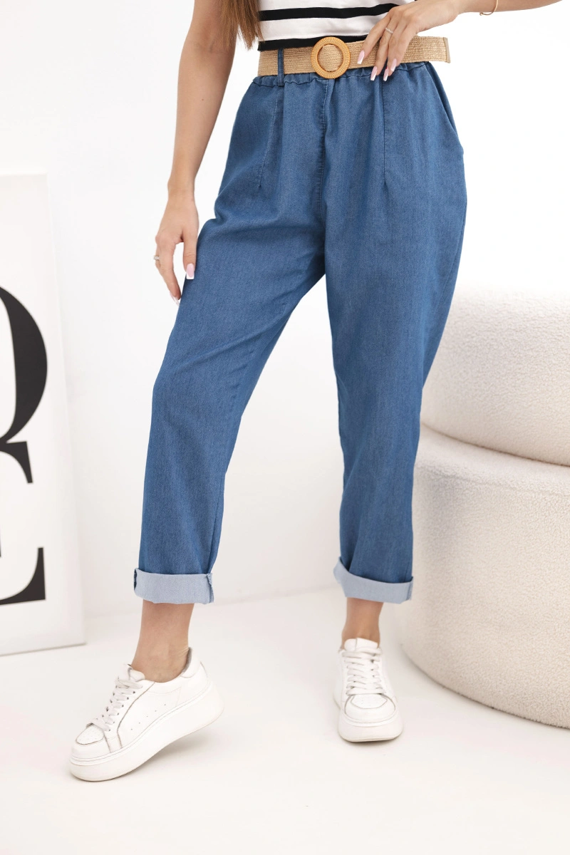 Дамски панталон с подгъв и колан, тъмни дънки