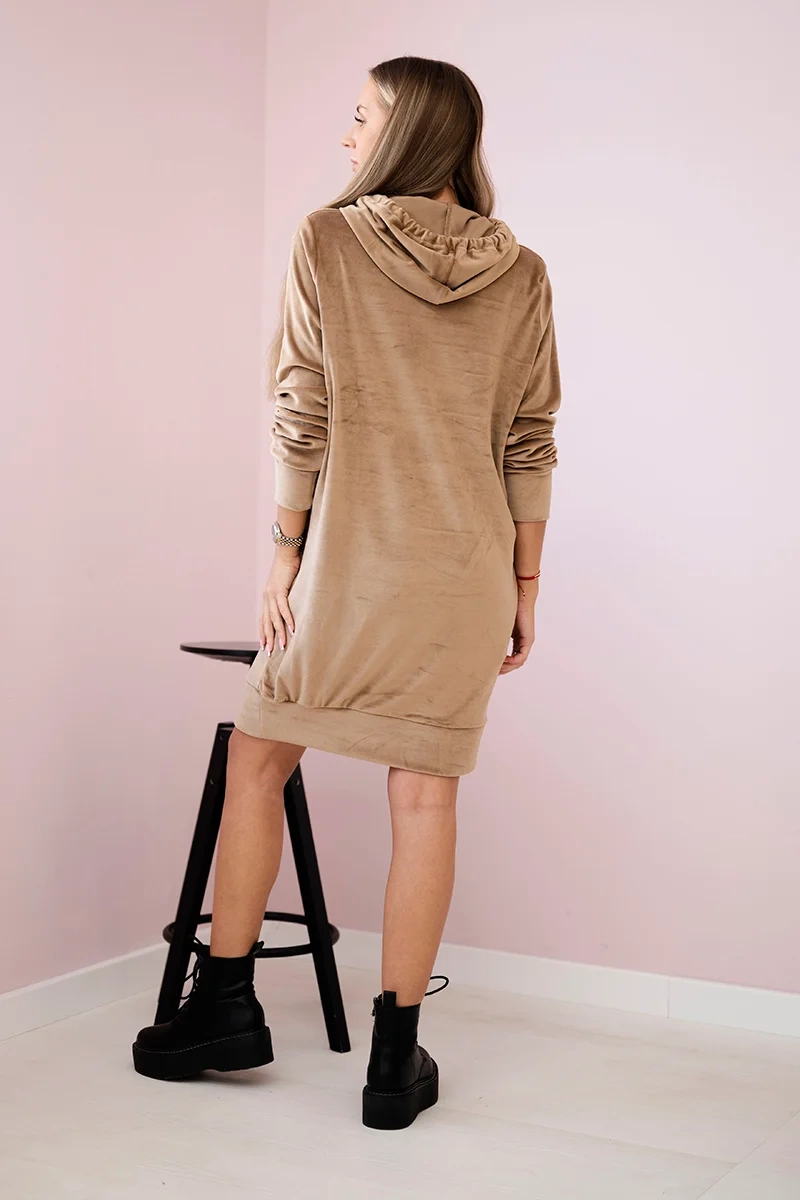 Velour dress with a hood in beige color