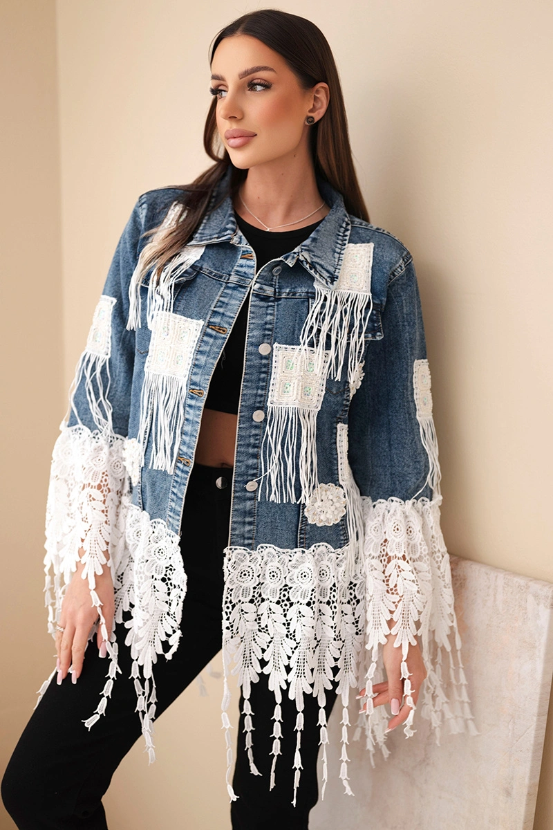 Dámská džínová bunda s krajkou a třásněmi