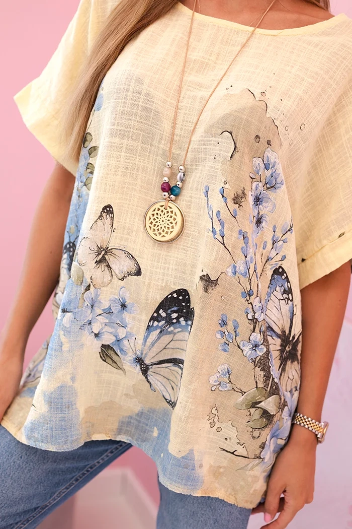 Kesi Włoski Women&#039;s cotton shirt with butterflies and flowers yellow