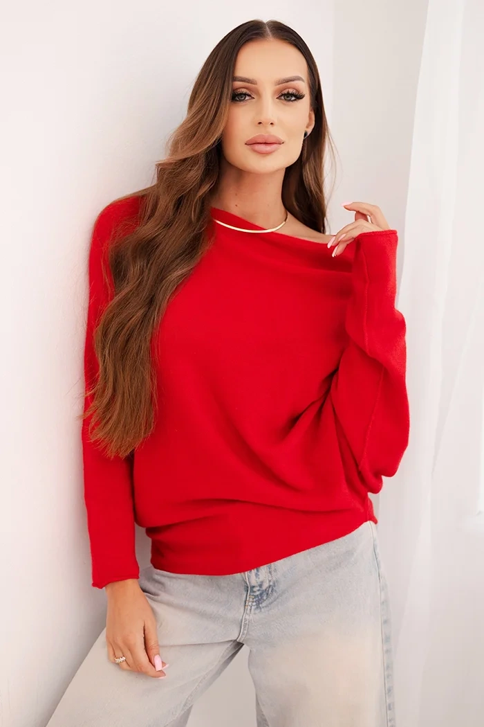 Kesi Włoski Dámsky asymetrický batwing sveter z viskózy červený