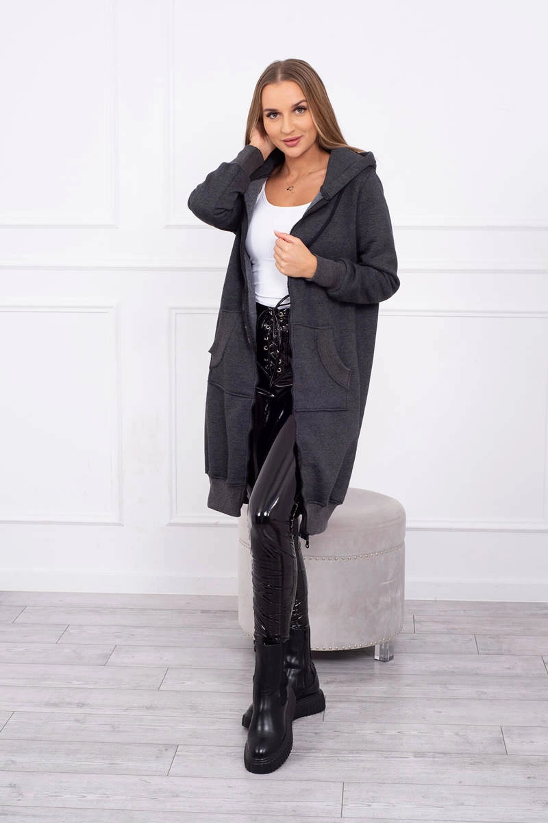 Long insulated sweatshirt with a graphite hood
