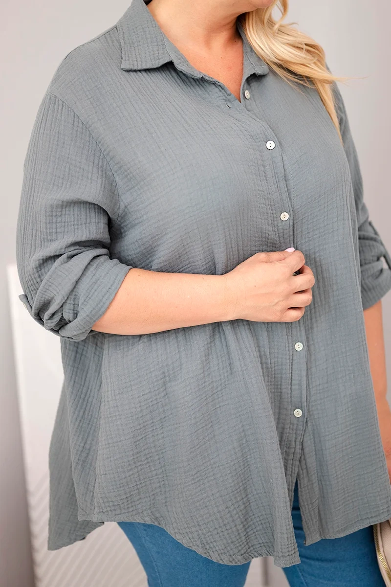 Kesi Włoski Bavlnená mušelínová košeľa Plus Size tmavosivá