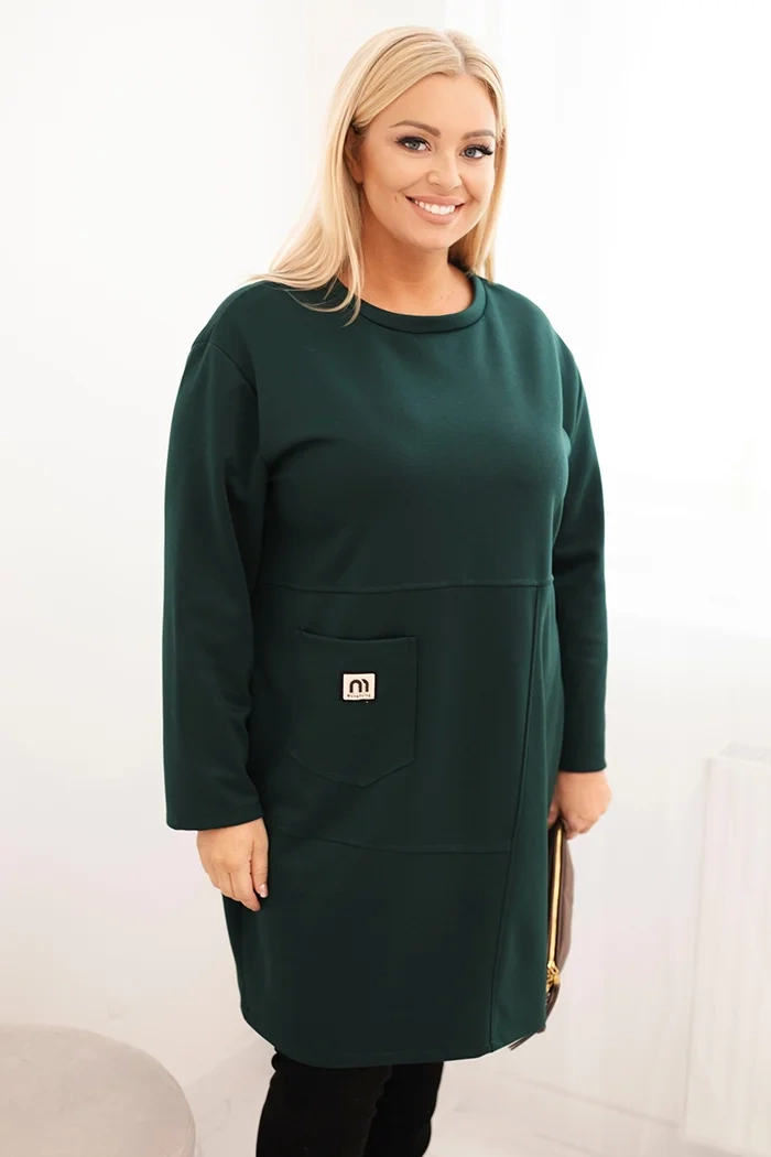 Kesi Włoski Plus Size women's dress with a pocket and 3/4 sleeve butter dark green