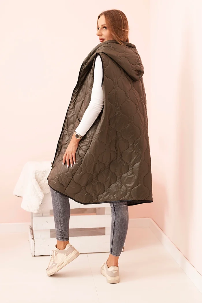 Kesi Włoski Dámska prešívaná vesta Plus Size s kapucňou na zips khaki