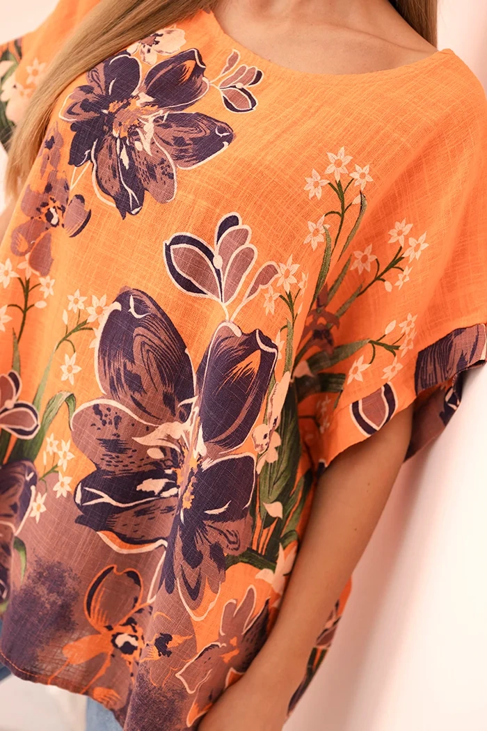 Kesi Włoski Women's cotton blouse with floral print and short sleeves orange