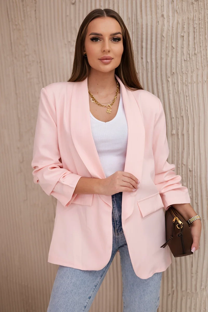 Elegantní bunda s klopami světle pudrově růžová