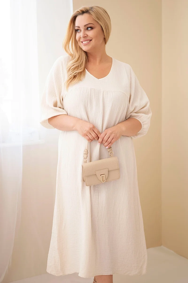 Bavlněné šaty Plus Size s V-výstřihem béžové