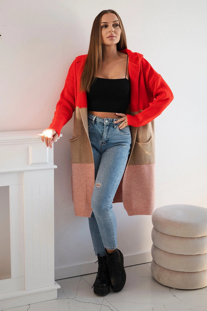 Striped hooded sweater red+camel+powder pink