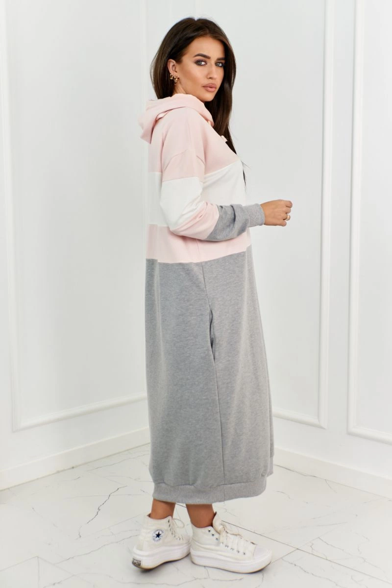 Three-color hooded dress powder pink + ecru + gray