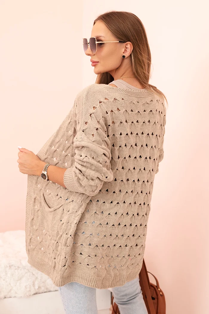 Kesi Włoski Women&#039;s openwork cardigan with pockets dark beige