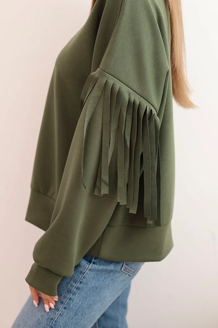 Kesi Włoski Women's butter-colored sweatshirt with decorative sleeves khaki