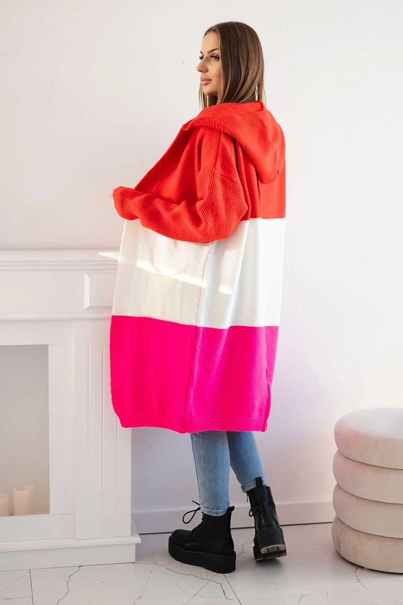 Striped hooded sweater red+ecru+pink