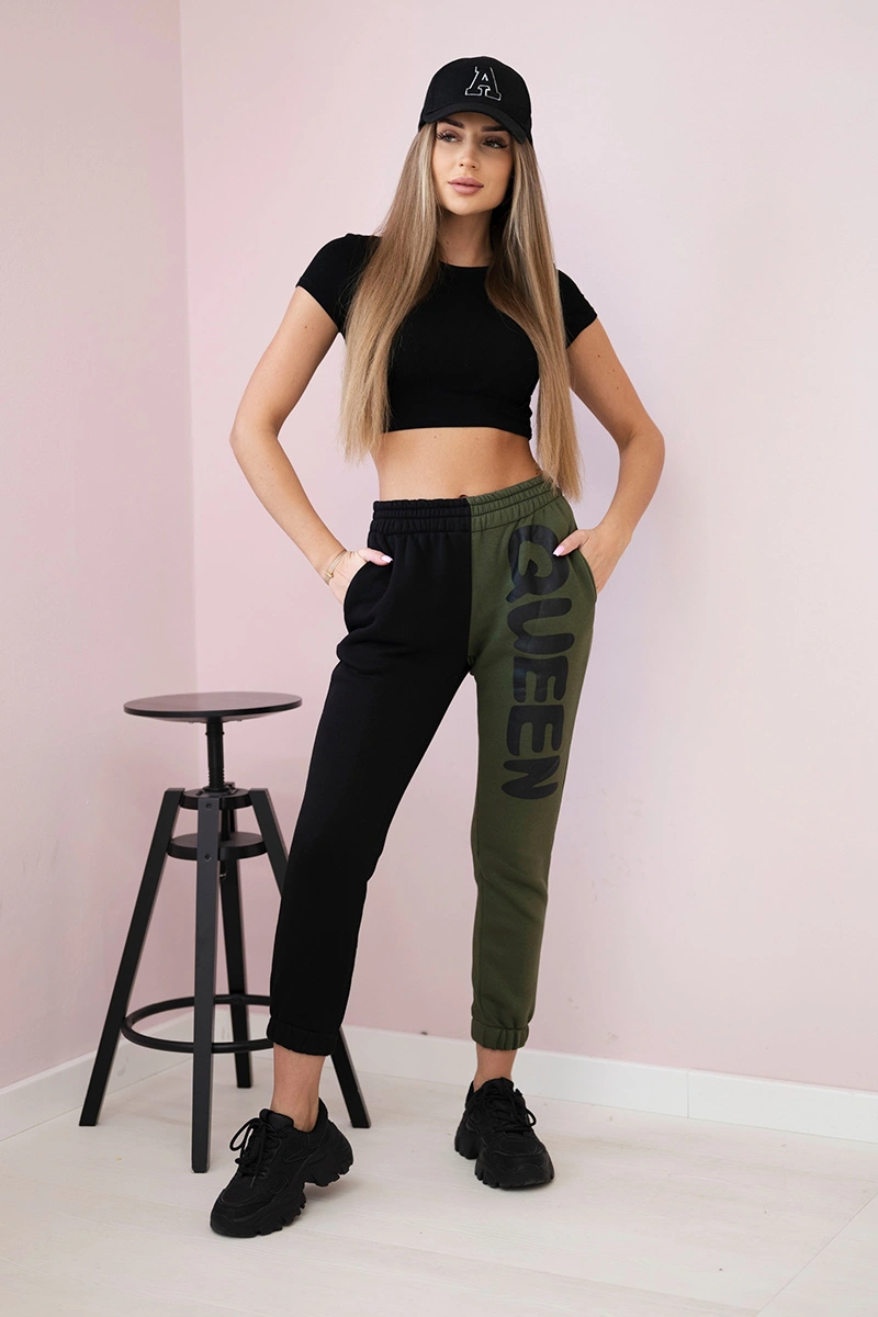 Kesi Dámske tepláky s nápisom QUEEN khaki