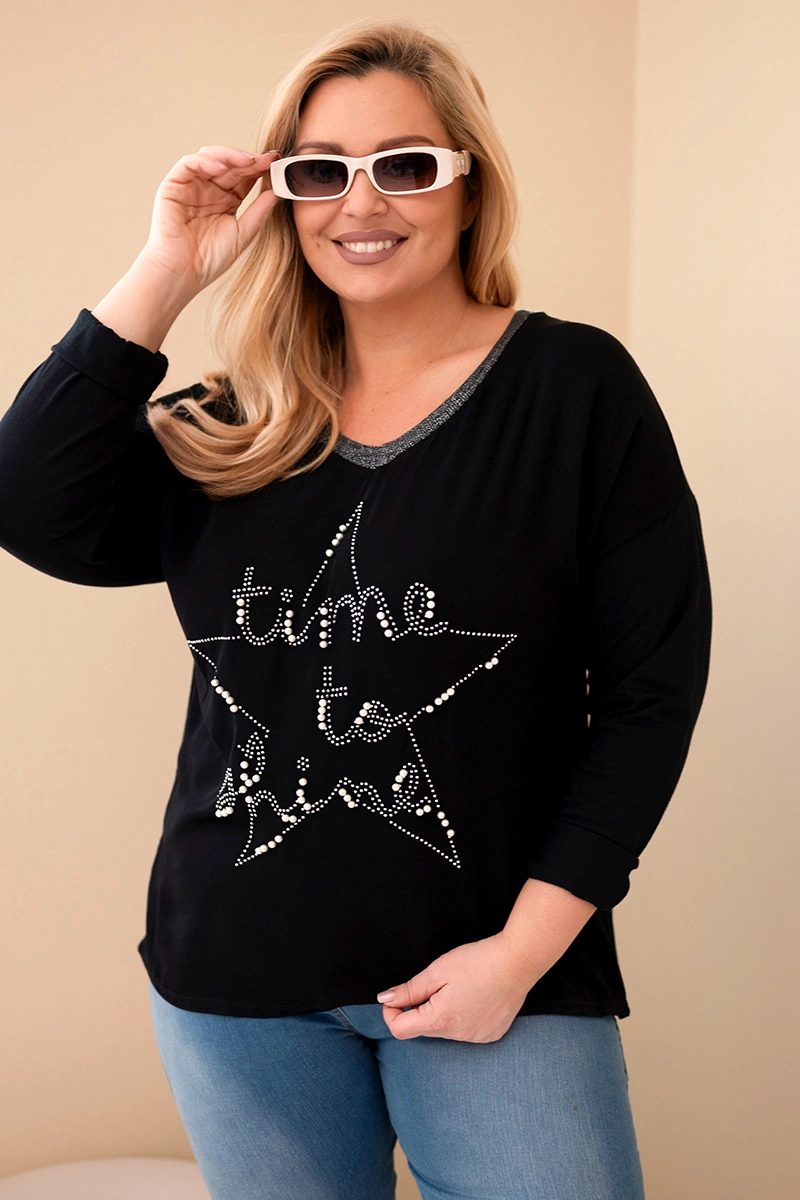 Kesi Włoski Plus Size women's blouse distressed with print and pearls black